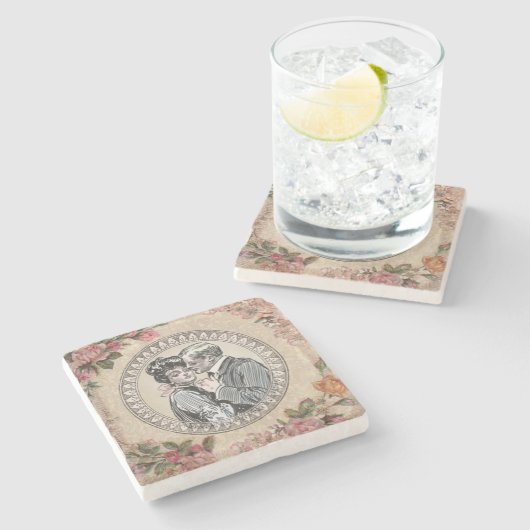 ヴィンテージロマンスカップル:アンティークバラガーリーラブ ストーンコースター (横)