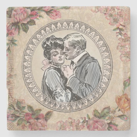 ヴィンテージロマンスカップル：アンティークバラガーリーラブ ストーンコースター (正面)