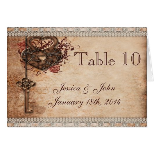 ヴィンテージロマンス鍵と結婚ハートのテーブル番号 (正面横)