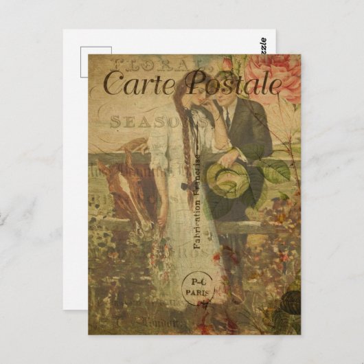 ヴィンテージロマンチックなカップルのピンクのバラフランスの ポストカード (正面/裏面)