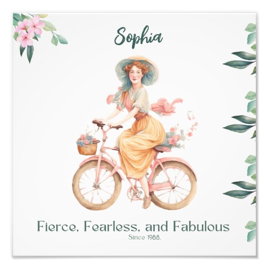 ヴィンテージロマンチックなシックな女の子が自転車に フォトプリント (正面)
