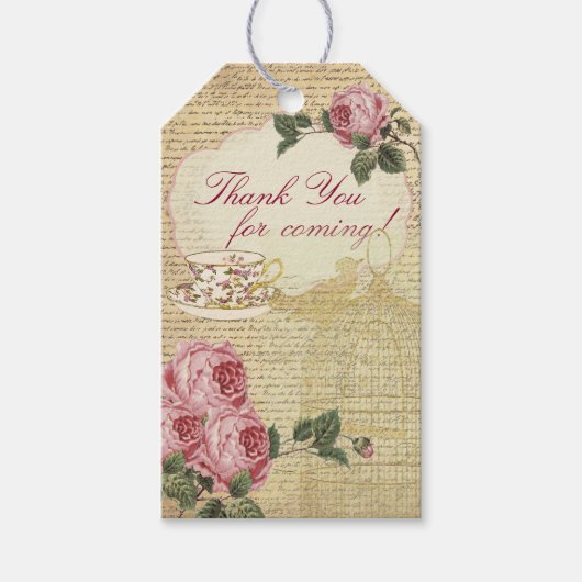 ヴィンテージロマンチックなバラティーカップと鳥かご ギフトタグ (正面)