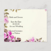 ヴィンテージロマンチックなピンクのバラの結婚式の日付を保存 案内ポストカード (裏面)