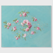 ヴィンテージロマンチックなピンクのバラを青いデコパッドに ラッピングペーパー (フラット)