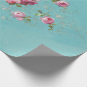 ヴィンテージロマンチックなピンクのバラを青いデコパッドに ラッピングペーパー (角)