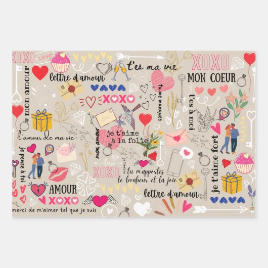 ヴィンテージロマンチックな愛フランスのと言葉のパターン ラッピングペーパーシート (正面)