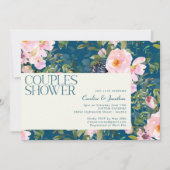ヴィンテージロマンチックな花模様でブルーカップルシャワー 招待状 (正面)