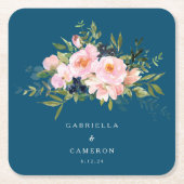 ヴィンテージロマンチックな花模様イン結婚ブルー スクエアペーパーコースター (正面)