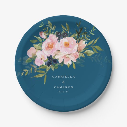 ヴィンテージロマンチックな花模様イン結婚ブルー ペーパープレート (正面)