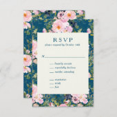 ヴィンテージロマンチックな花模様イン結婚ブルー 出欠カード (正面/裏面)