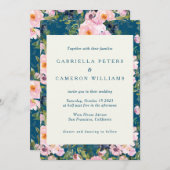 ヴィンテージロマンチックな花模様イン結婚ブルー 招待状 (正面/裏面)