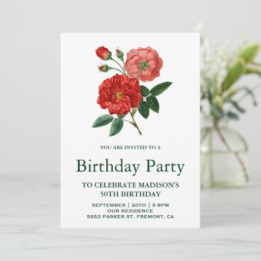 ヴィンテージロマンチックな赤いバラの誕生日パーティー 招待状 (スタンド正面)