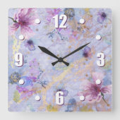 ヴィンテージロマンチックな青紫色フローラ水色 スクエア壁時計 (正面)