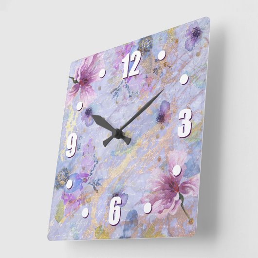 ヴィンテージロマンチックな青紫色フローラ水色 スクエア壁時計 (傾斜)