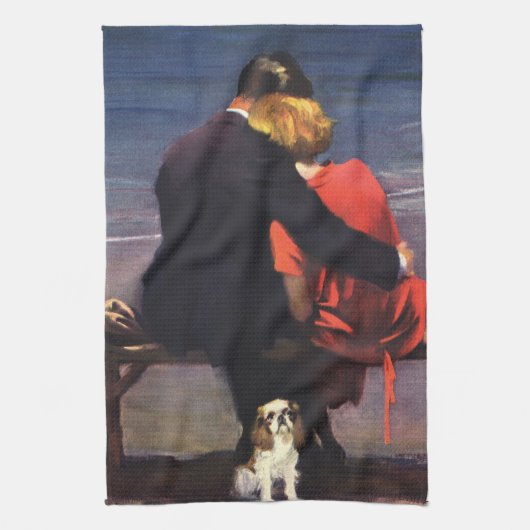 ヴィンテージロマンチックラブロマンスオンビーチ キッチンタオル (縦)