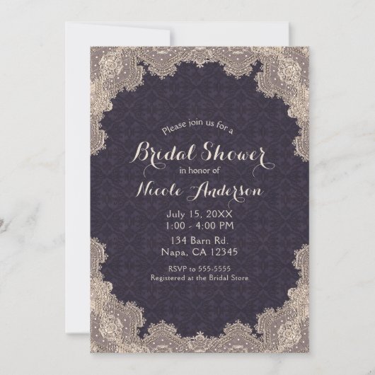 ヴィンテージロマンチックレースパープルエレガントブライダルシャワー 招待状 (正面)