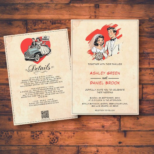 ヴィンテージロマンチック新郎新婦50年代漫画結婚ズ 招待状