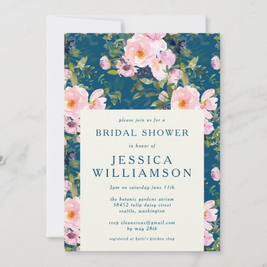 ヴィンテージロマンチック花模様インブルーブライダルシャワー 招待状 (正面)