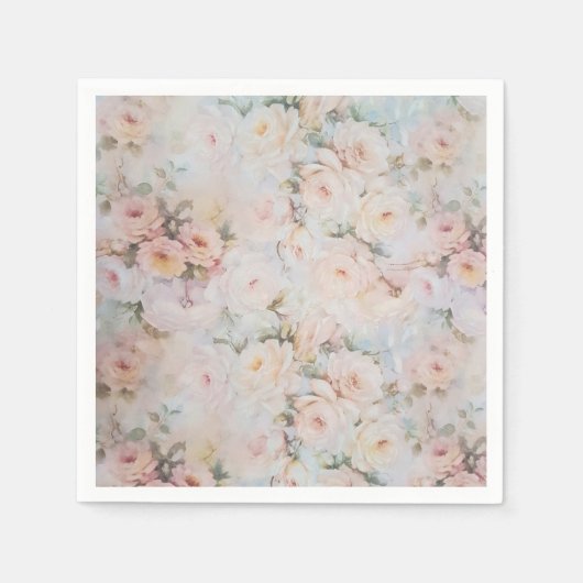 ヴィンテージロマンチック赤面ピンクアイボリーバラフローラ スタンダードカクテルナプキン (正面)