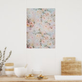 ヴィンテージロマンチック赤面ピンクアイボリーバラフローラ ポスター (キッチン)