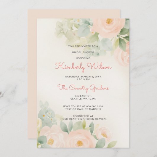 ヴィンテージロマンチック赤面フローラブライダルシャワー 招待状 (正面/裏面)