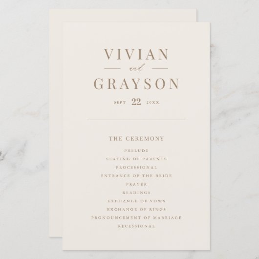 ヴィンテージロマンチック金ゴールドとアイボリー結婚式 プログラム (正面/裏面)