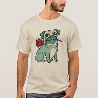 ヴィンテージロマンティックパグ犬の赤いバラ Tシャツ