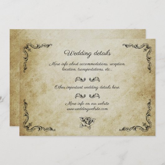 ヴィンテージロマン結婚ティック詳細カード 招待状 (正面/裏面)