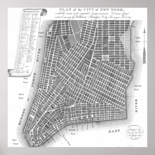 ヴィンテージロワーニューヨークの地図（1807年） BW ポスター (正面)