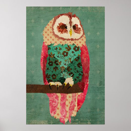 ヴィンテージローザフクロウターコイズアートポスター ポスター (正面)