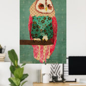 ヴィンテージローザフクロウターコイズアートポスター ポスター (ホームオフィス)