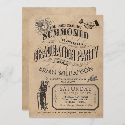 ヴィンテージロースクール卒業招待状レトロ 招待状 (正面/裏面)