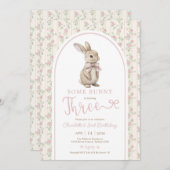 ヴィンテージローズのうさぎちゃん 3歳の誕生日ガール 招待状 (正面/裏面)