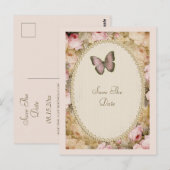 ヴィンテージローズの蝶と音符のデザイン Save The Date ポストカード (正面/裏面)