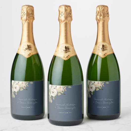 ヴィンテージローズブーケオンダスティブルー結婚ズ スパークリングワインラベル (ボトル)