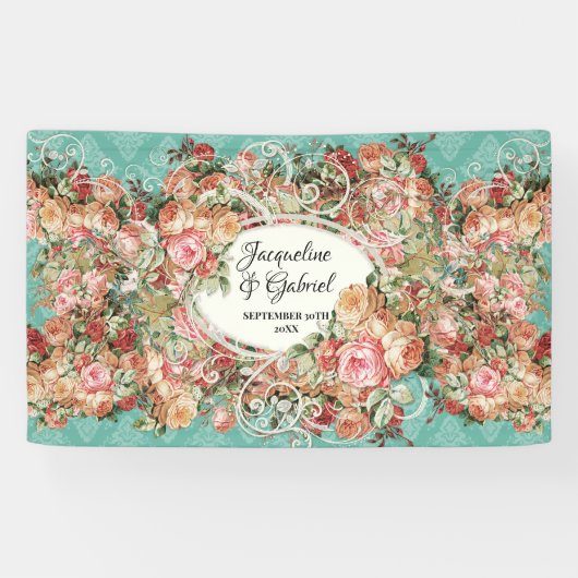 ヴィンテージローズブーケターコイズピンクブライダルシャワー 横断幕 (横)