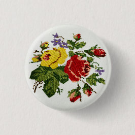 ヴィンテージローズブーケ刺繍ボタン 缶バッジ