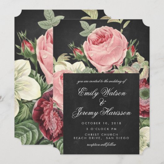 ヴィンテージローズ ピンクチョークボード ウェディング招待状 招待状 (正面/裏面)