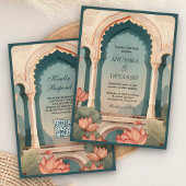 ヴィンテージロータスフローラアーチインディアンQRコー結婚ド 招待状