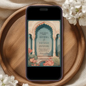 ヴィンテージロータスフローラアーチインディアンQRコー結婚ド 招待状