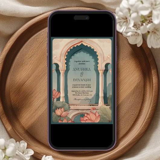 ヴィンテージロータスフローラアーチインディアンQRコー結婚ド 招待状