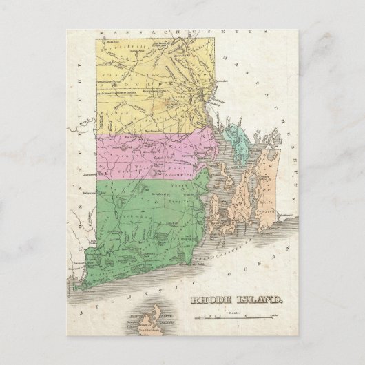 ヴィンテージロードアイランドの地図（1827年） ポストカード (正面)
