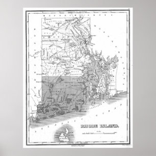 ヴィンテージロードアイランドの地図(1827年) BW ポスター