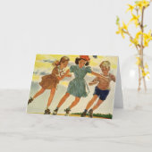 ヴィンテージローラスケートで滑るおもしろい少年少女 カード (黄色い花)