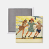 ヴィンテージローラスケートで滑るおもしろい少年少女 マグネット (正面/裏面)