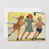 ヴィンテージローラスケートで滑るおもしろい少年少女 招待状 (正面)