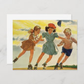 ヴィンテージローラスケートで滑るおもしろい少年少女 招待状 (正面/裏面)
