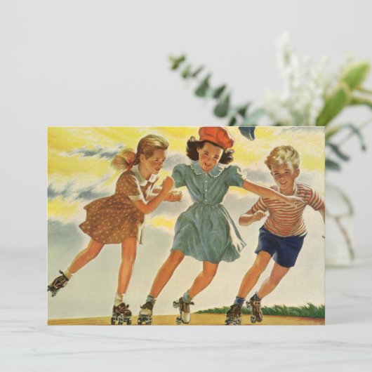 ヴィンテージローラスケートで滑る子供誕生日パーティー 招待状 (スタンド正面)