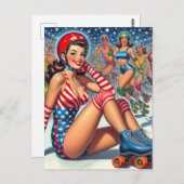 ヴィンテージローラーガールイラストレーション ポストカード (正面/裏面)