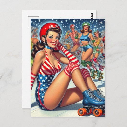 ヴィンテージローラーガールイラストレーション ポストカード (正面/裏面)